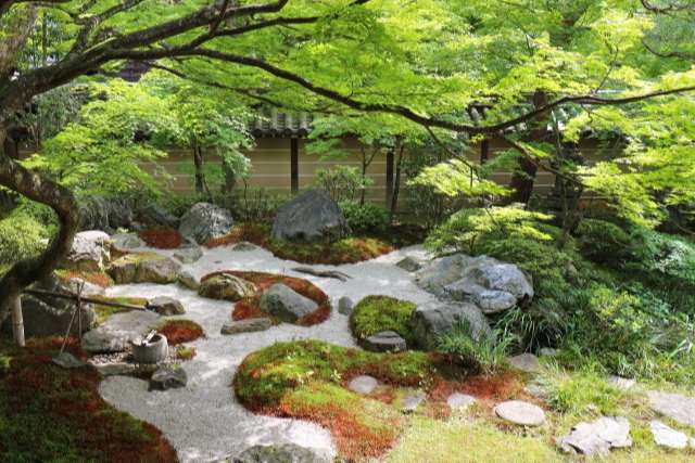 contrast of zen garden with a pond garden